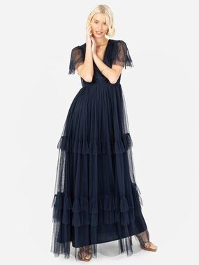 NWT Anaya With Love Recycled Navy Ruffle Maxi Dress with Keyhole-Size 10